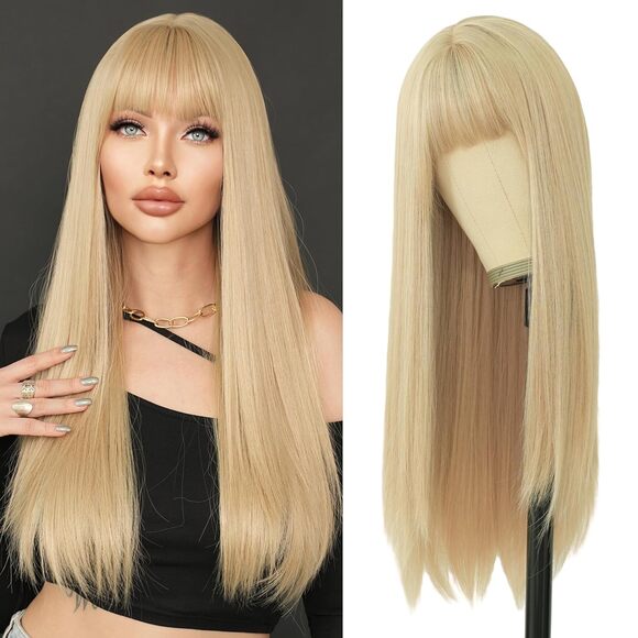 27in Natural Heat Resistant Fiber Synthetic Layered Straight Light Blonde Wigs - Picture 1 of 4
